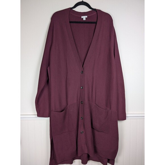 J. Jill Button Front Cardigan Sweater Women 4X Burgundy Knit Ribbed Duster - Picture 1 of 14